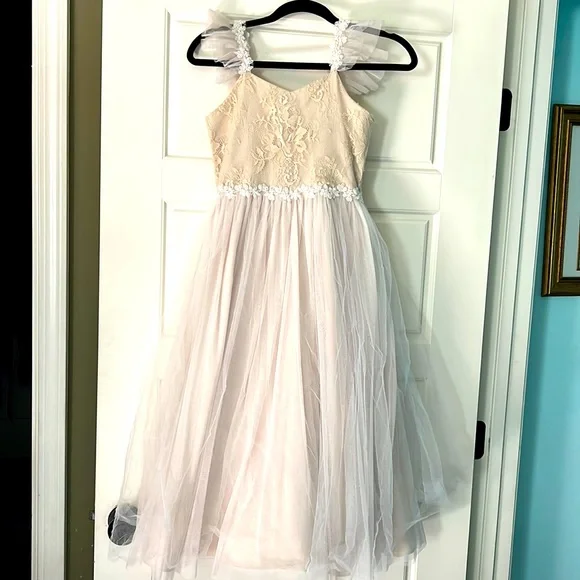 Girls formal dress tulle tutu skirt beige nude long lace bow 10 - Picture 2 of 6